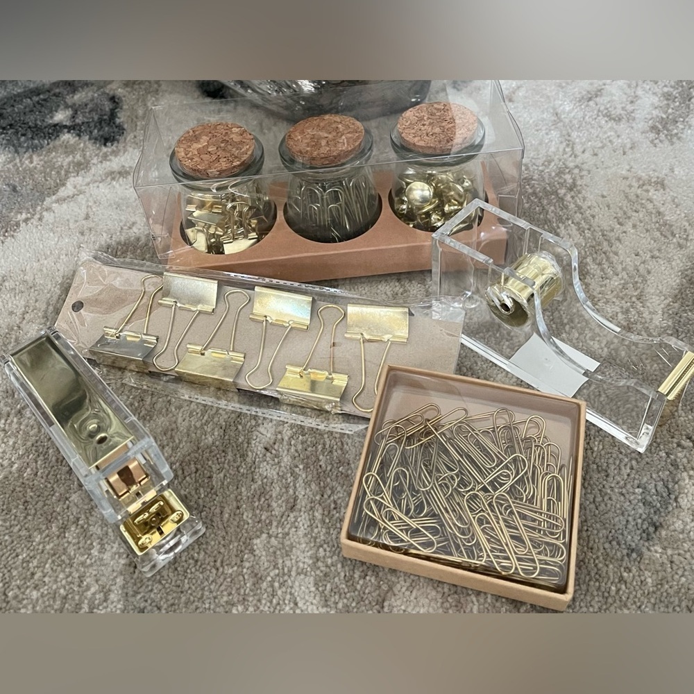 5 piece Gold and Clear Desk Accessory Set